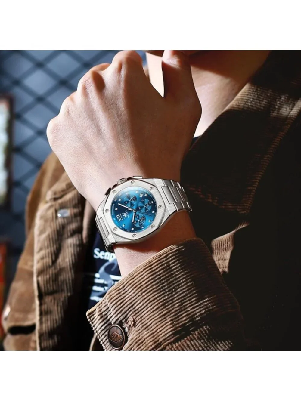 Men's Silver/Blue Luxury Octagon Stainless Steel Waterproof Dress Wrist Watch